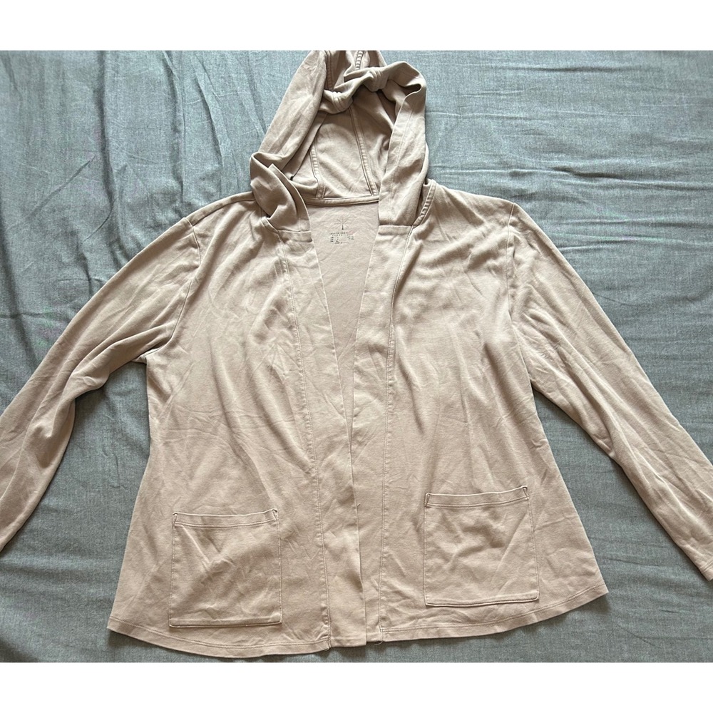 Isaac Mizrahi Live Essentials Tan Pima Cotton Hooded Open Front Cardigan Large